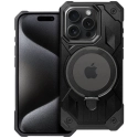 ARMORMAG-IP15PRONOIR - Coque renforcée iPhone 15 Pro hybride antichoc souple et aluminium noir avec anneau fonction stand