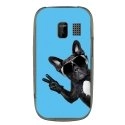 TPU1ASHA302CHIENVBLEU - Coque souple pour Nokia Asha 302 avec impression Motifs chien à lunettes sur fond bleu